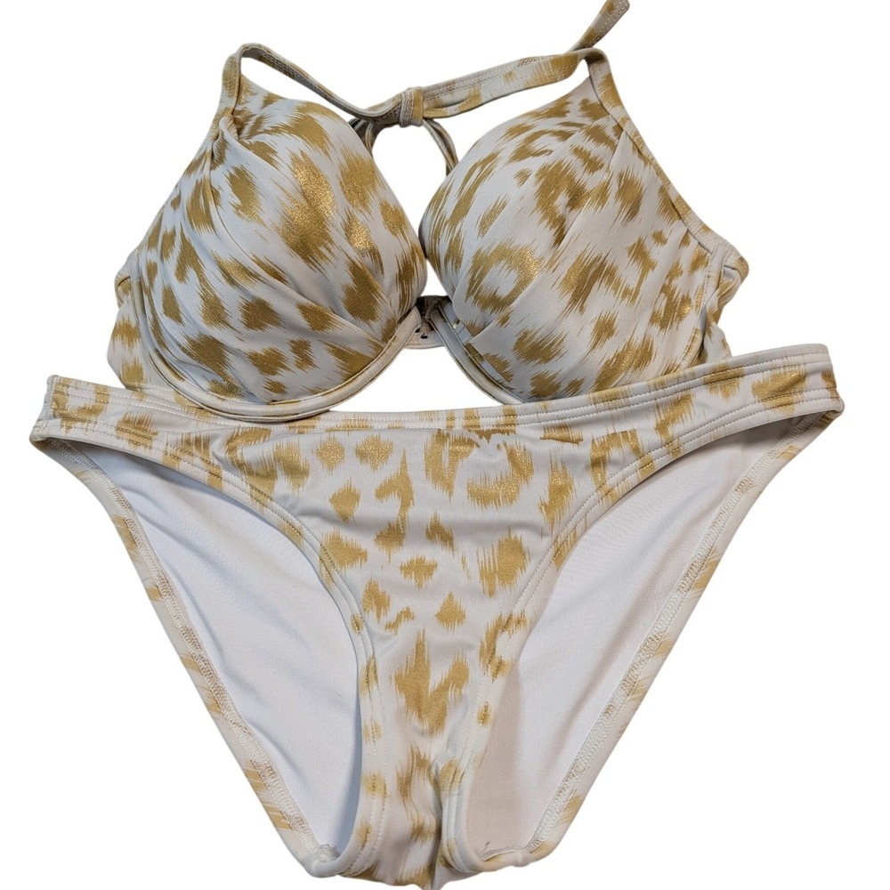 Victoria's Secret Women Bikini Set M/34C White Gold Metallic Animal Print